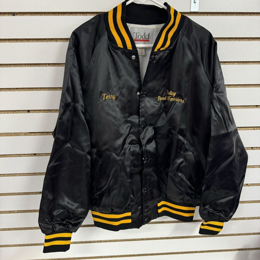 Vintage Retro Black Shiny Bomber Puffer Terry Policy Road Warriors Jacket Sz XL?